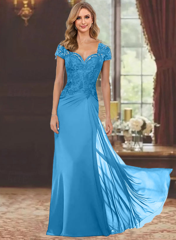 Sheath Column Sweetheart Short Sleeves Floor Length Mother Of The Bride Dresses With Appliques Lace Sequins