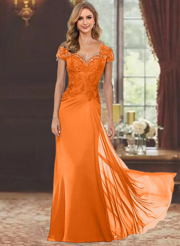 Sheath Column Sweetheart Short Sleeves Floor Length Mother Of The Bride Dresses With Appliques Lace Sequins