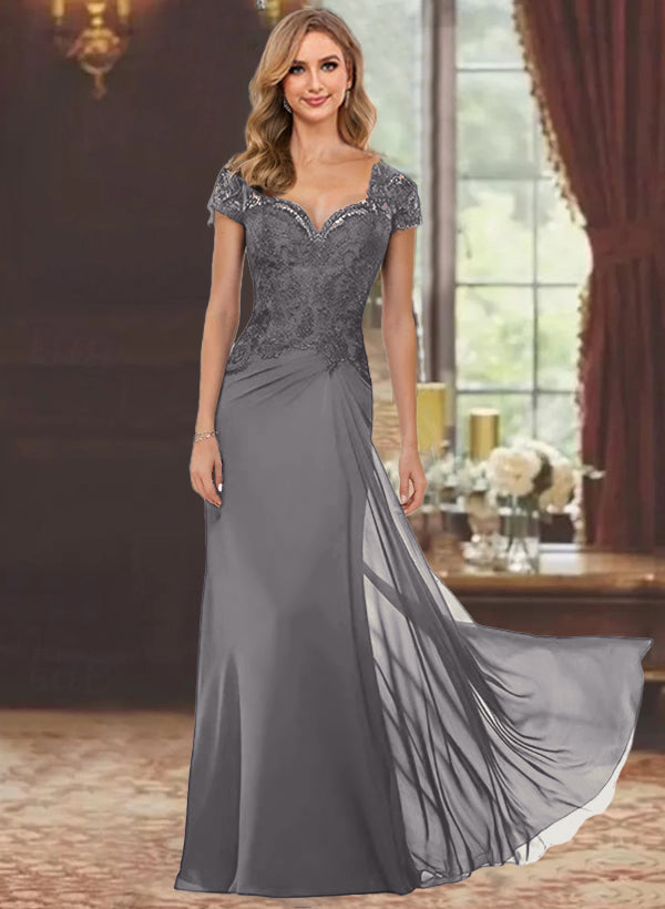 Sheath Column Sweetheart Short Sleeves Floor Length Mother Of The Bride Dresses With Appliques Lace Sequins