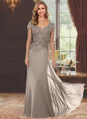Sheath Column Sweetheart Short Sleeves Floor Length Mother Of The Bride Dresses With Appliques Lace Sequins