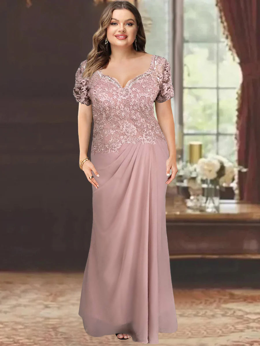 Sheath Column Sweetheart Short Sleeves Floor Length Mother Of The Bride Dresses With Appliques Lace Sequins