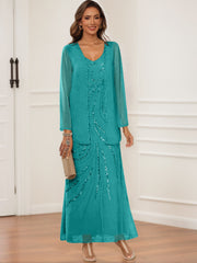 Sheath Column V Neck Ankle Length Mother Of The Bride Groom Dresses With Jacket Sequins