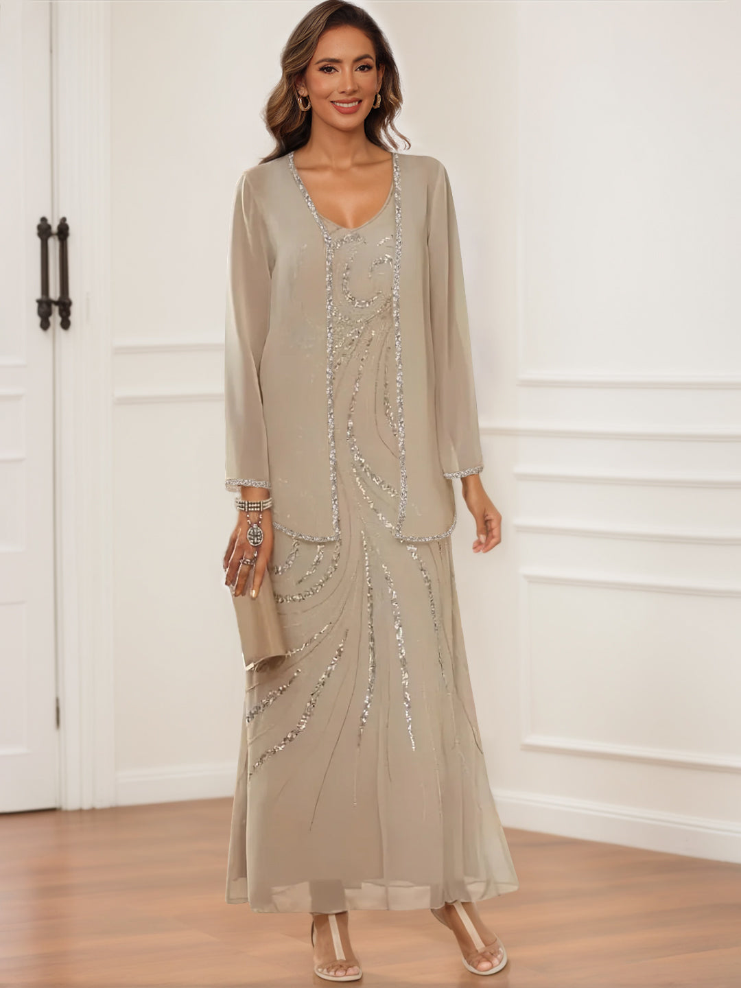 Sheath Column V Neck Ankle Length Mother Of The Bride Groom Dresses With Jacket Sequins