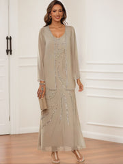 Sheath Column V Neck Ankle Length Mother Of The Bride Groom Dresses With Jacket Sequins