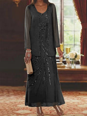 Sheath Column V Neck Ankle Length Mother Of The Bride Dresses With Jacket Sequins Beading