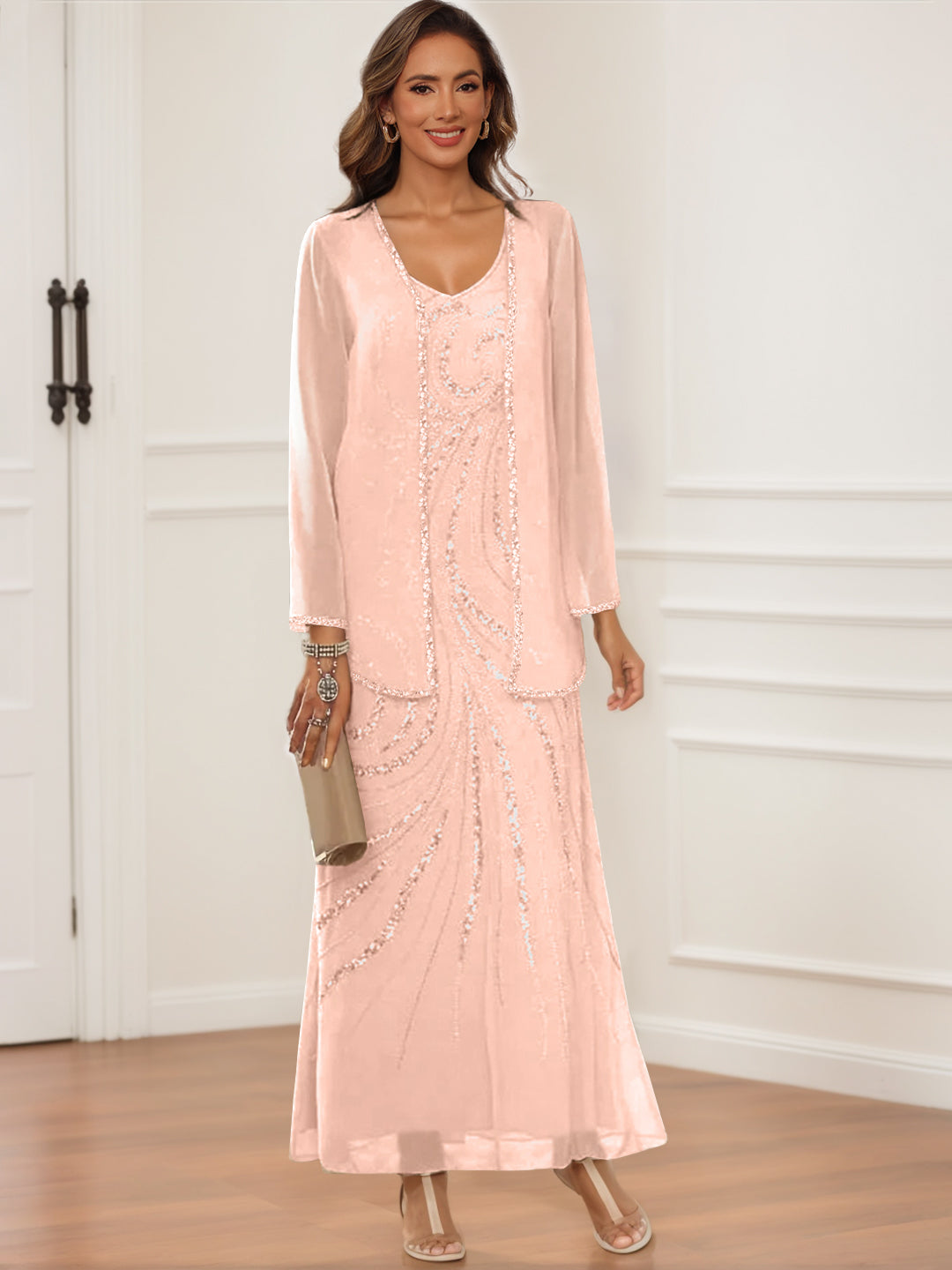 Sheath Column V Neck Ankle Length Mother Of The Bride Groom Dresses With Jacket Sequins