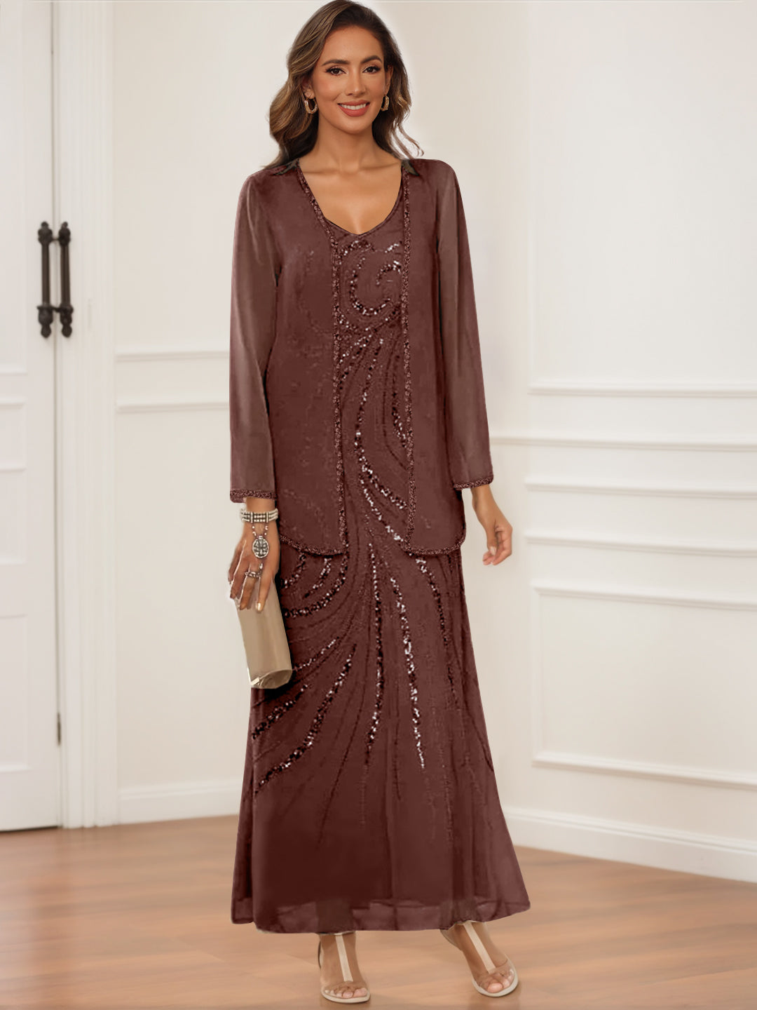 Sheath Column V Neck Ankle Length Mother Of The Bride Groom Dresses With Jacket Sequins