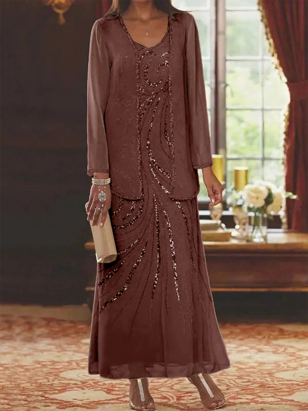 Sheath Column V Neck Ankle Length Mother Of The Bride Dresses With Jacket Sequins Beading