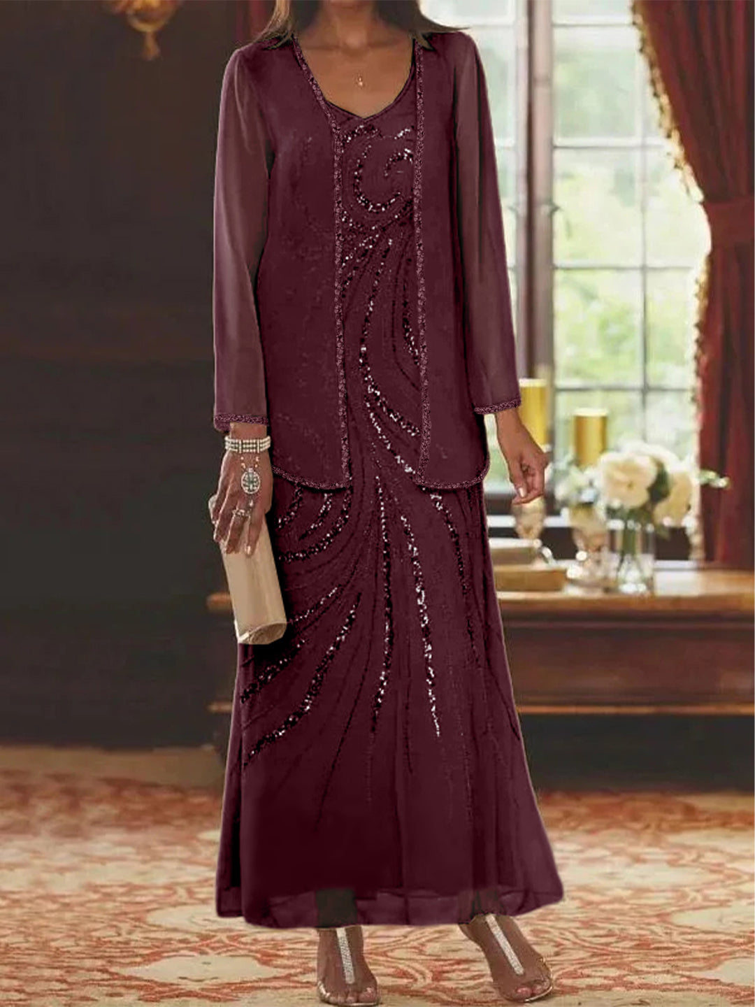 Sheath Column V Neck Ankle Length Mother Of The Bride Dresses With Jacket Sequins Beading