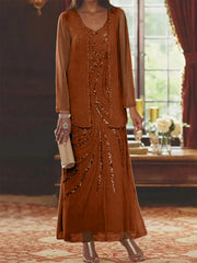 Sheath Column V Neck Ankle Length Mother Of The Bride Dresses With Jacket Sequins Beading