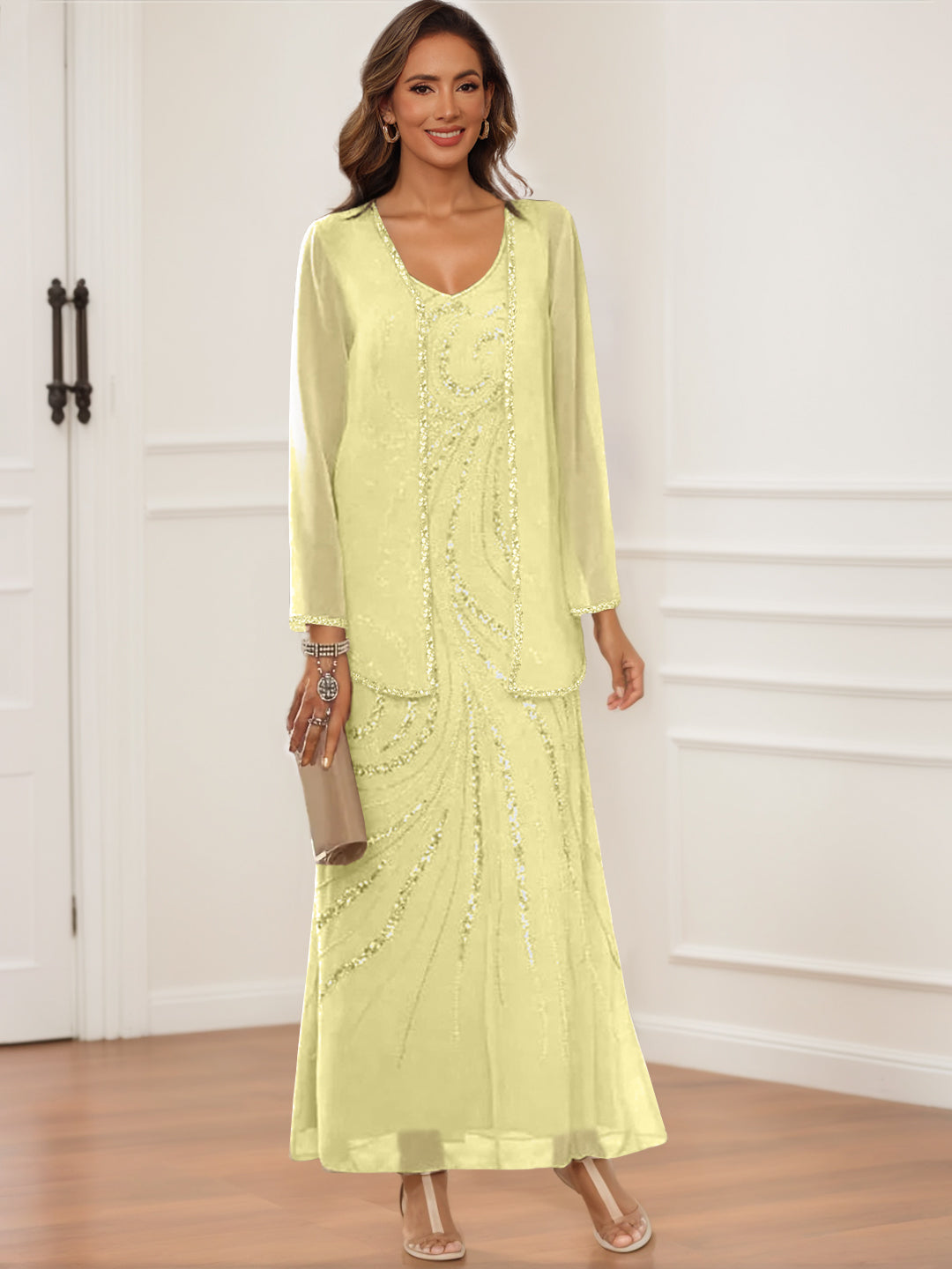 Sheath Column V Neck Ankle Length Mother Of The Bride Groom Dresses With Jacket Sequins