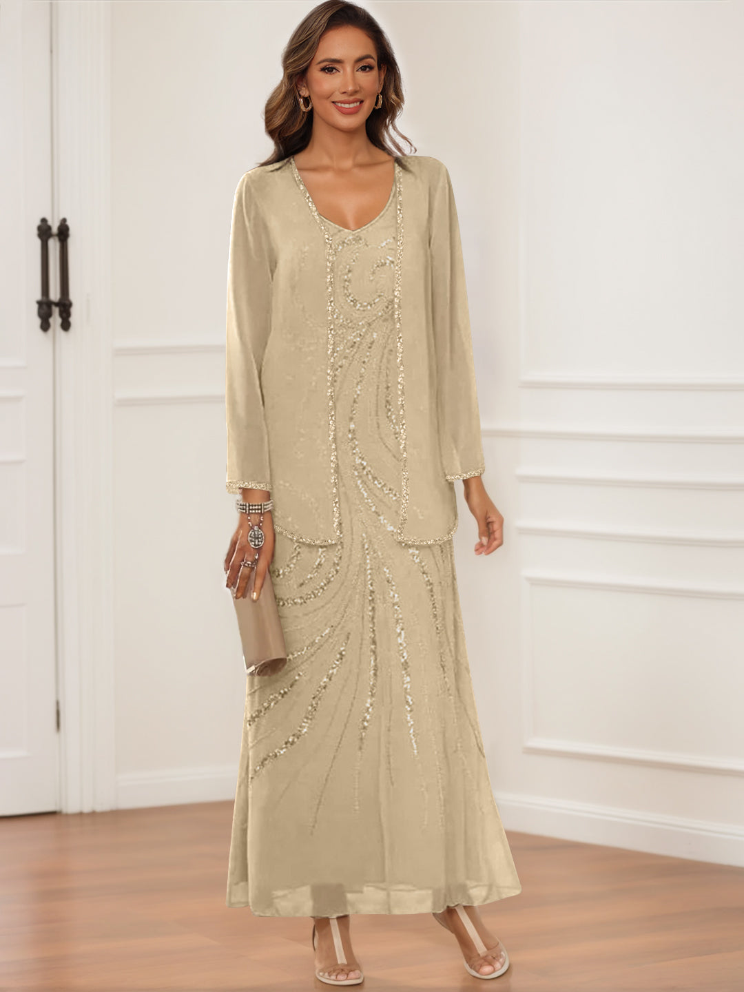 Sheath Column V Neck Ankle Length Mother Of The Bride Groom Dresses With Jacket Sequins