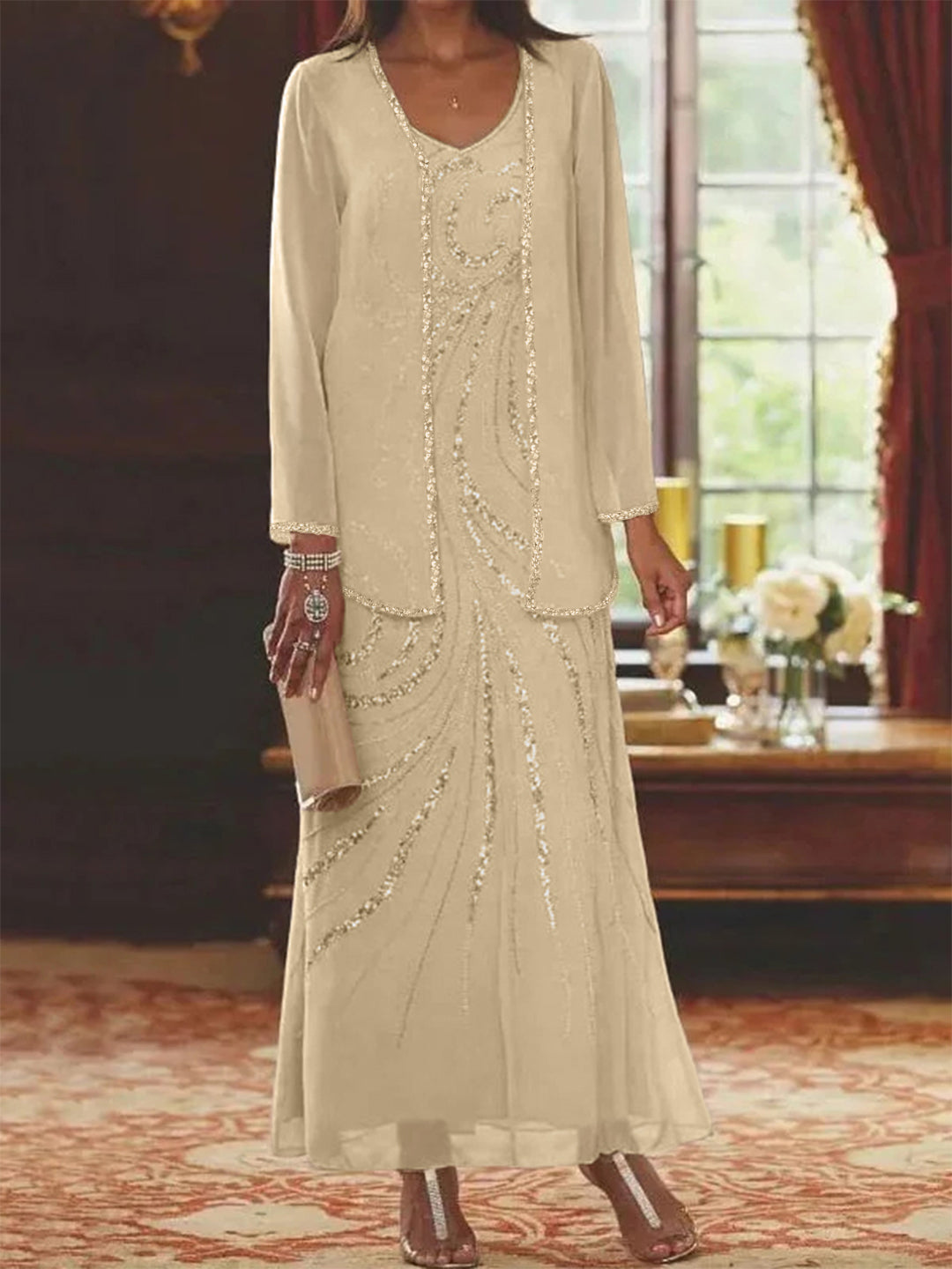 Sheath Column V Neck Ankle Length Mother Of The Bride Dresses With Jacket Sequins Beading