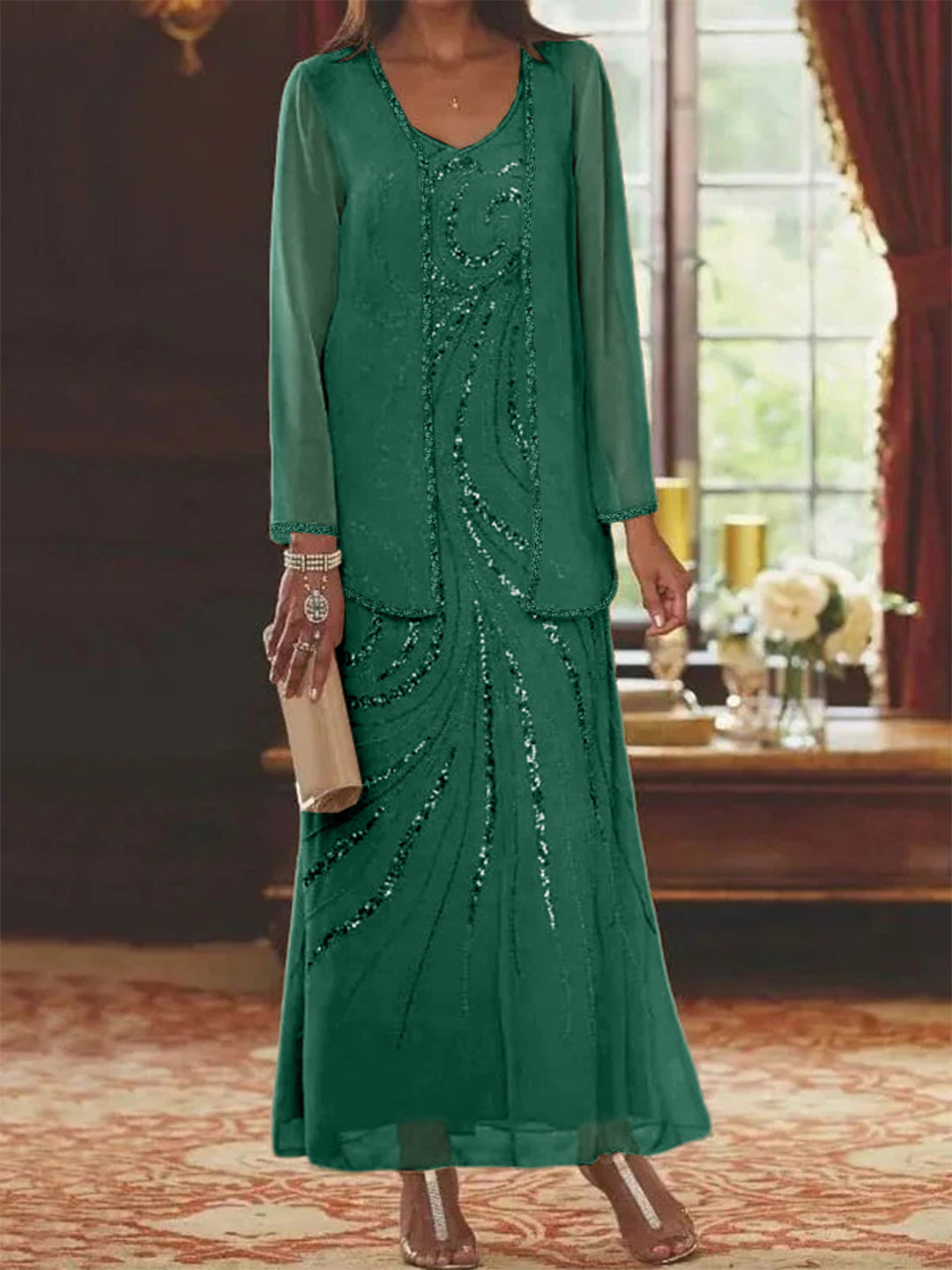 Sheath Column V Neck Ankle Length Mother Of The Bride Dresses With Jacket Sequins Beading
