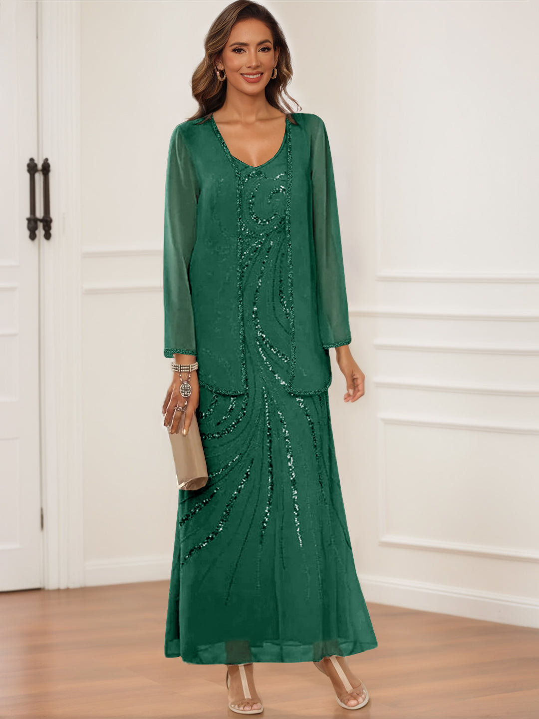 Sheath Column V Neck Ankle Length Mother Of The Bride Groom Dresses With Jacket Sequins