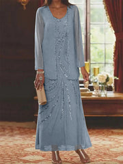 Sheath Column V Neck Ankle Length Mother Of The Bride Dresses With Jacket Sequins Beading