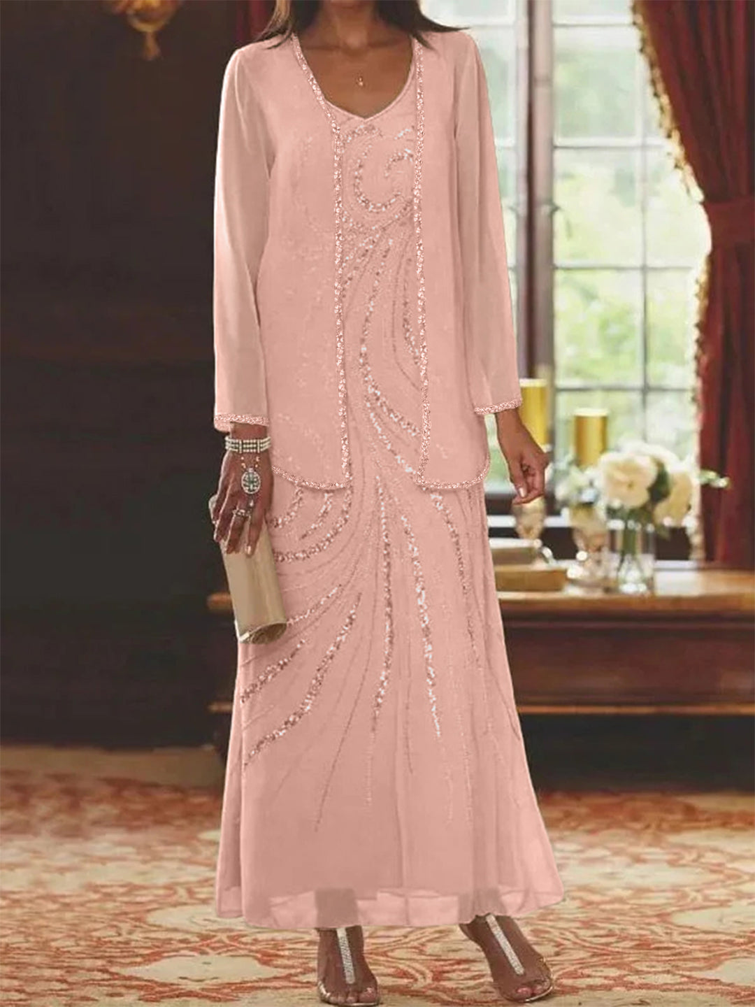Sheath Column V Neck Ankle Length Mother Of The Bride Dresses With Jacket Sequins Beading