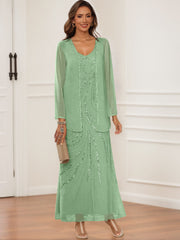 Sheath Column V Neck Ankle Length Mother Of The Bride Groom Dresses With Jacket Sequins