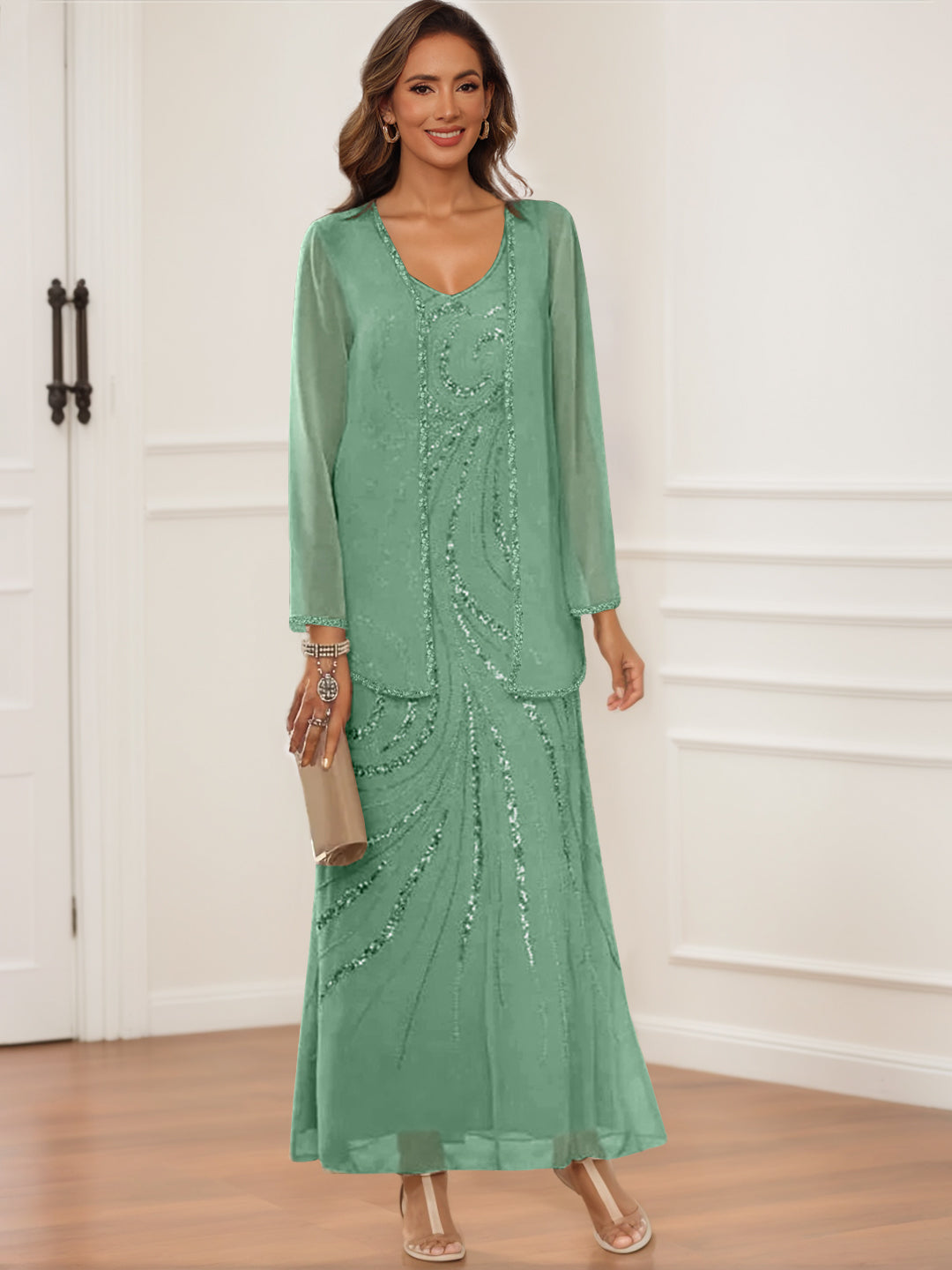 Sheath Column V Neck Ankle Length Mother Of The Bride Groom Dresses With Jacket Sequins