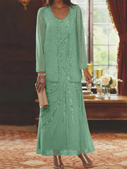 Sheath Column V Neck Ankle Length Mother Of The Bride Dresses With Jacket Sequins Beading