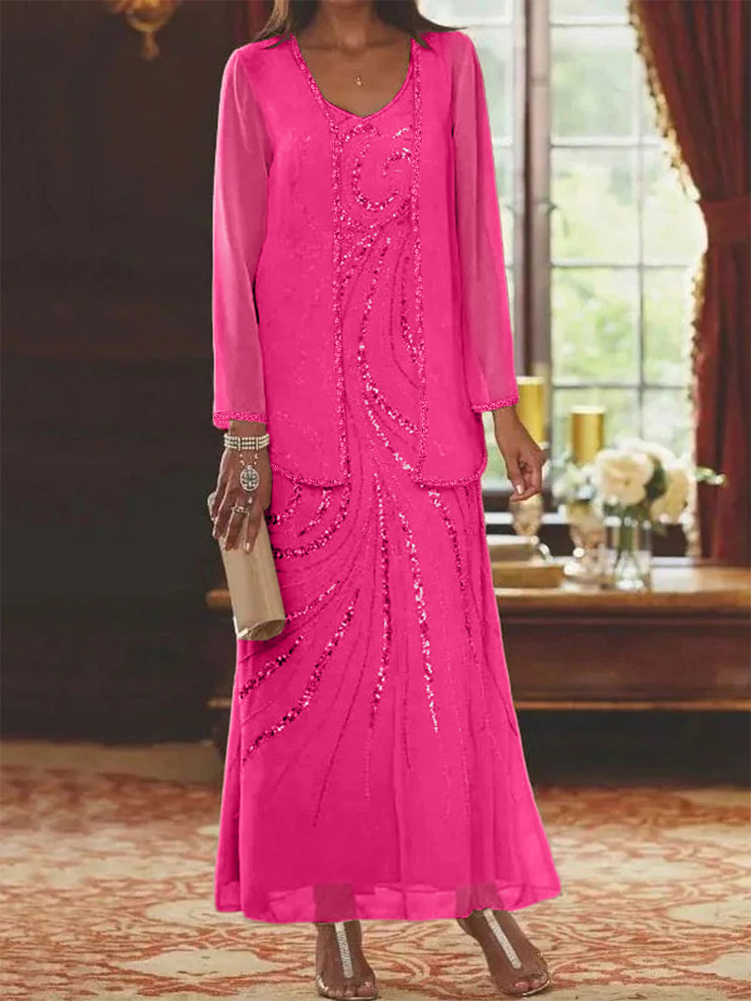 Sheath Column V Neck Ankle Length Mother Of The Bride Dresses With Jacket Sequins Beading