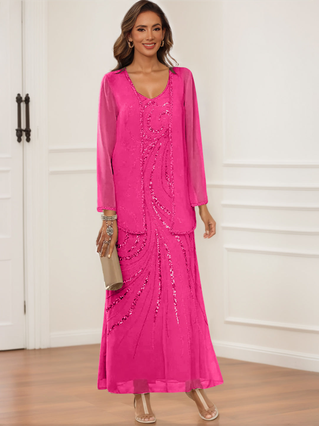 Sheath Column V Neck Ankle Length Mother Of The Bride Groom Dresses With Jacket Sequins