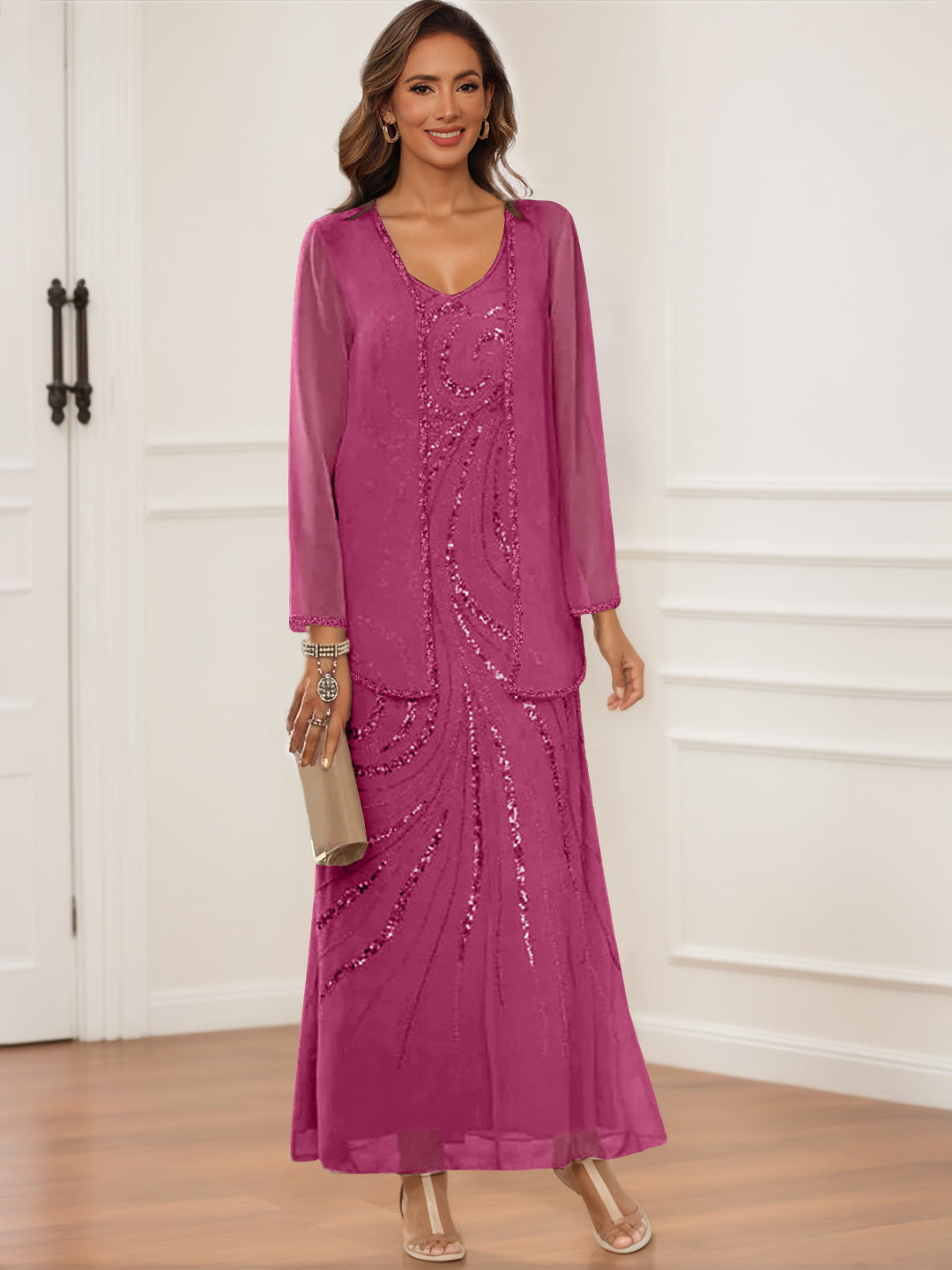 Sheath Column V Neck Ankle Length Mother Of The Bride Groom Dresses With Jacket Sequins