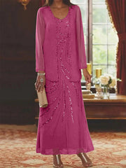 Sheath/Column V-Neck Ankle-Length Mother of the Bride Dresses with Jacket & Sequins Beading