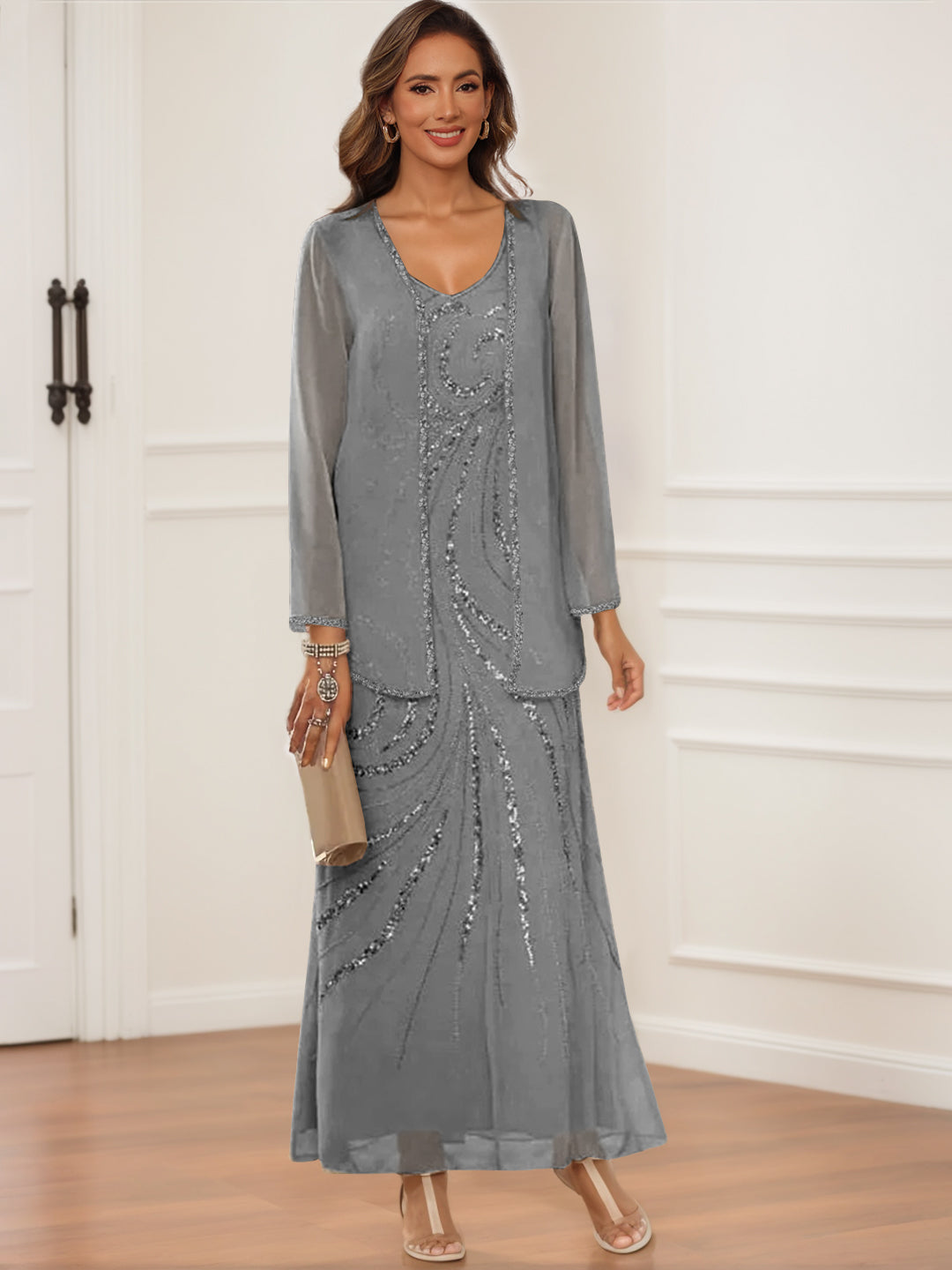 Sheath Column V Neck Ankle Length Mother Of The Bride Groom Dresses With Jacket Sequins