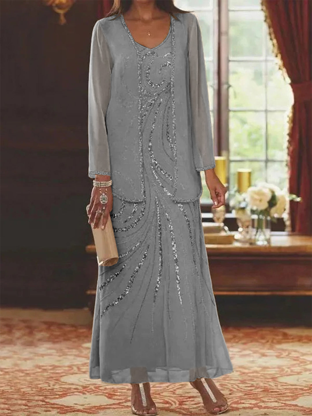 Sheath Column V Neck Ankle Length Mother Of The Bride Dresses With Jacket Sequins Beading