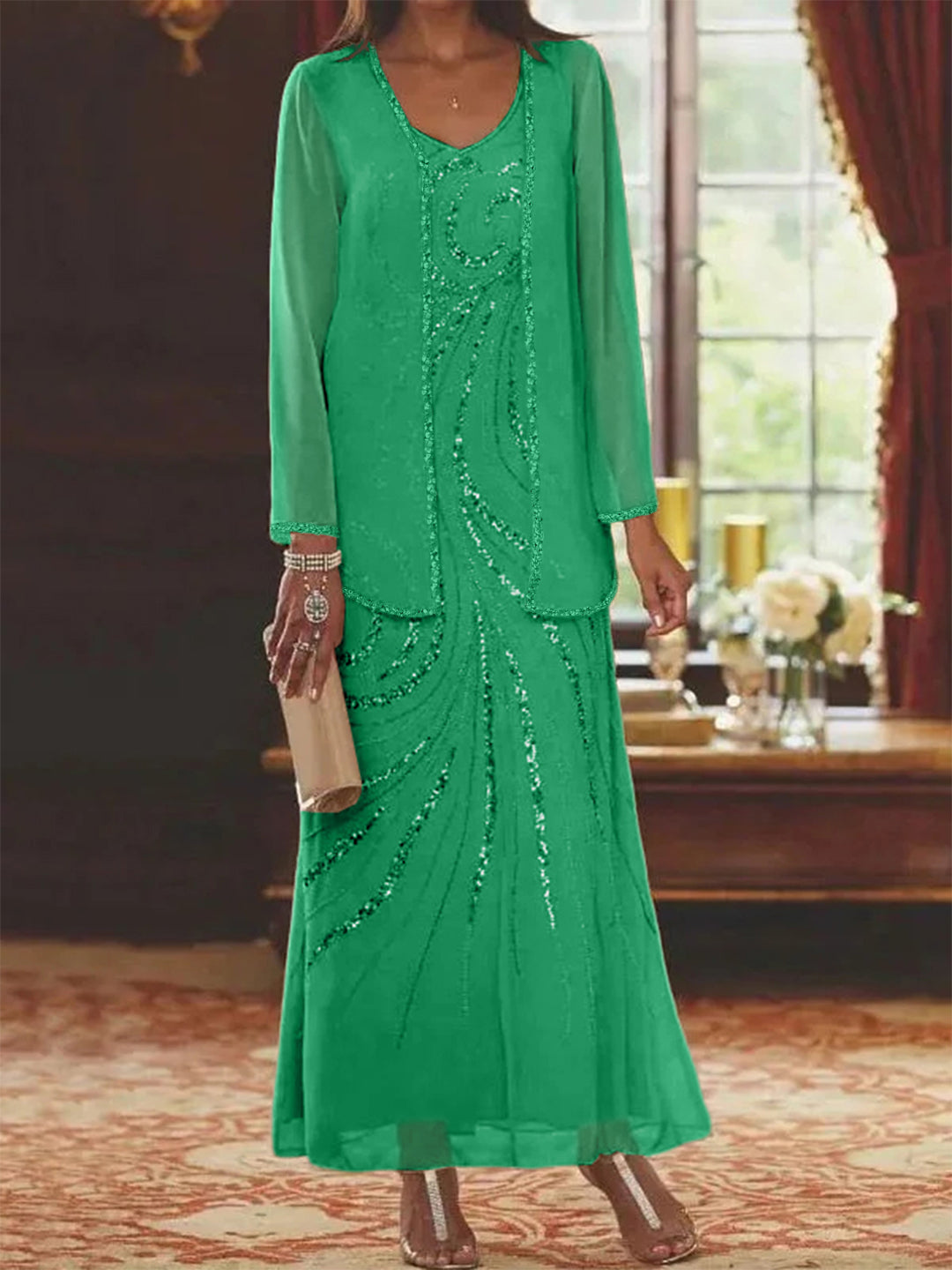 Sheath Column V Neck Ankle Length Mother Of The Bride Dresses With Jacket Sequins Beading
