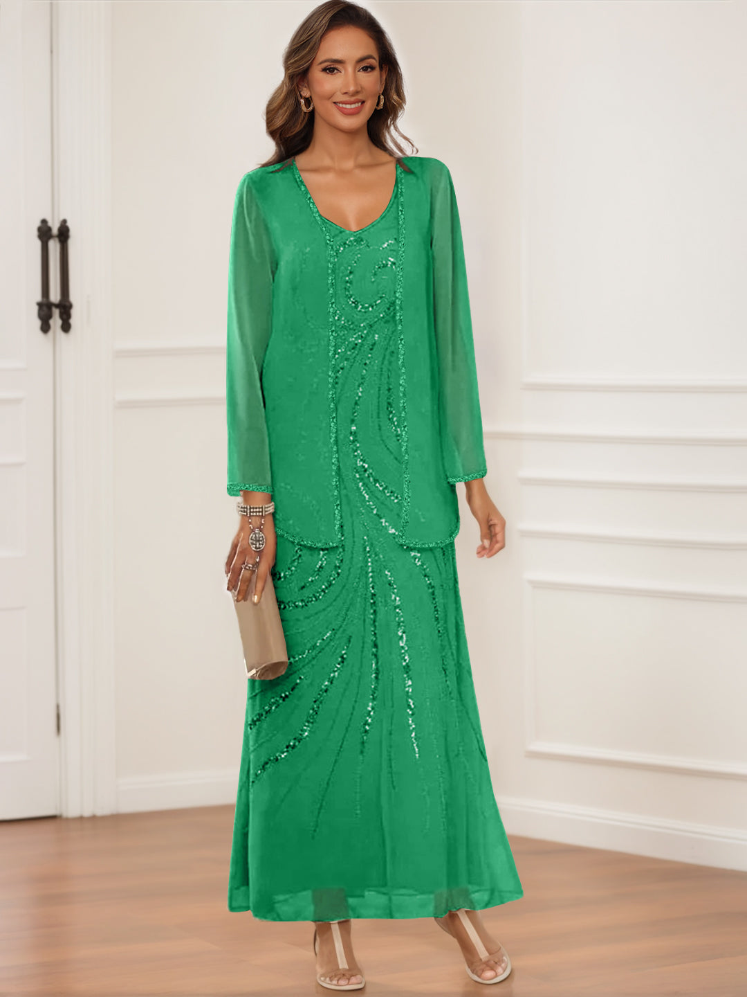 Sheath Column V Neck Ankle Length Mother Of The Bride Groom Dresses With Jacket Sequins