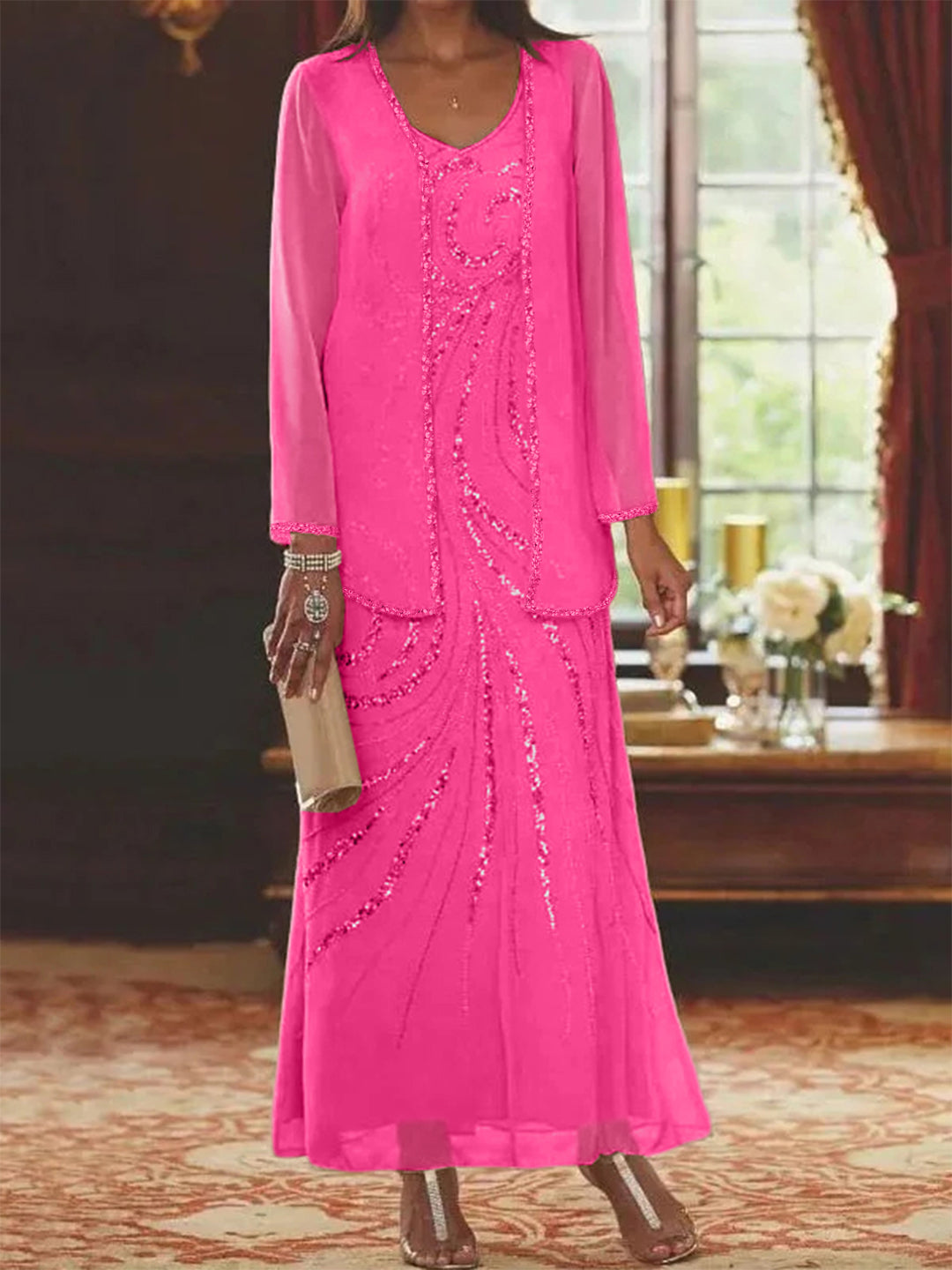 Sheath Column V Neck Ankle Length Mother Of The Bride Dresses With Jacket Sequins Beading
