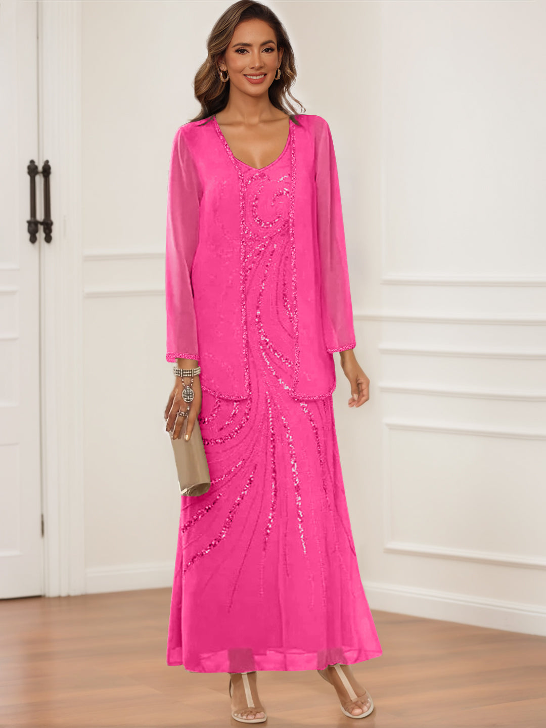 Sheath Column V Neck Ankle Length Mother Of The Bride Groom Dresses With Jacket Sequins
