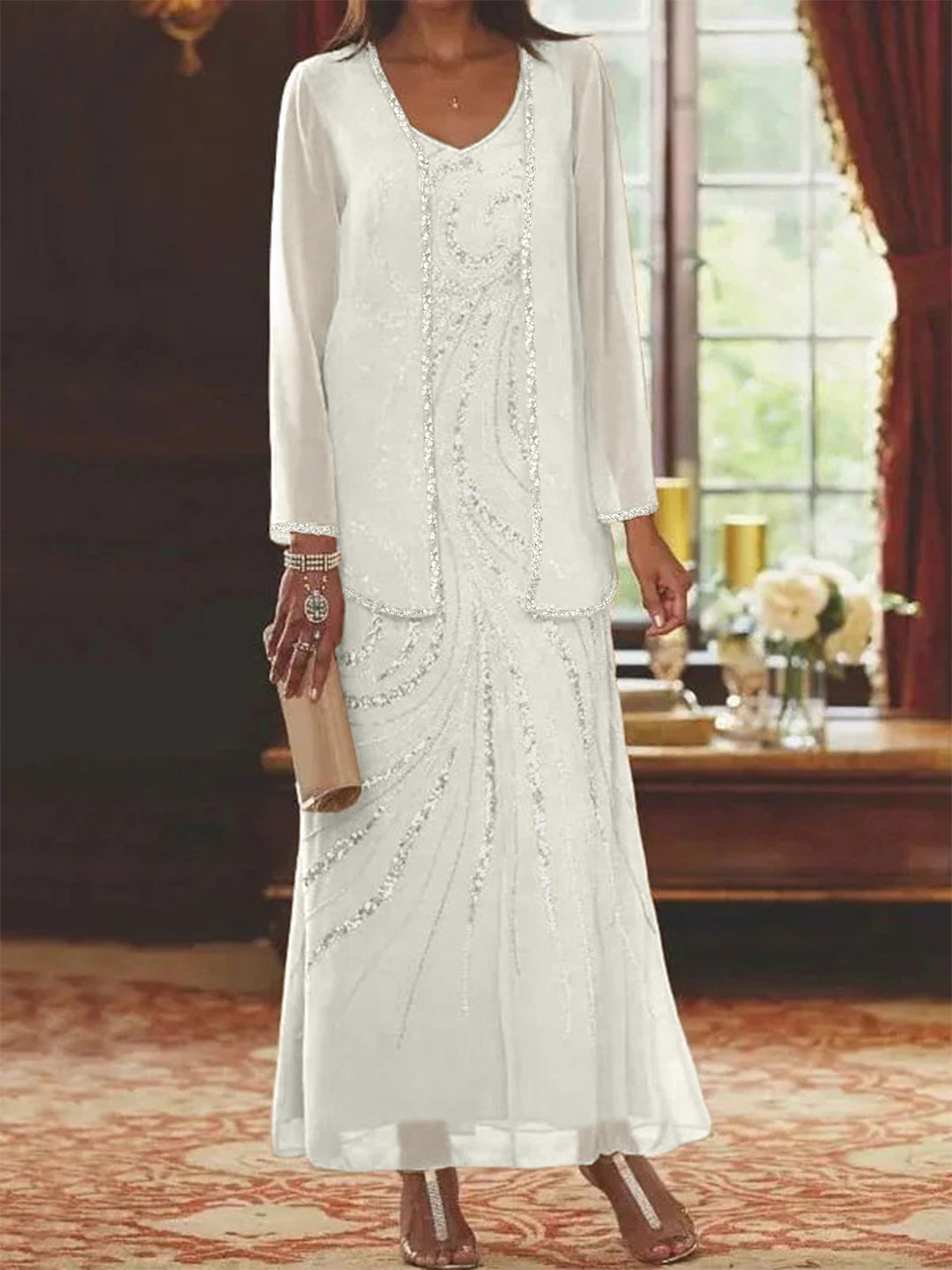 Sheath Column V Neck Ankle Length Mother Of The Bride Dresses With Jacket Sequins Beading