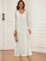 Sheath Column V Neck Ankle Length Mother Of The Bride Groom Dresses With Jacket Sequins