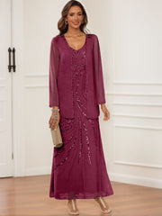 Sheath Column V Neck Ankle Length Mother Of The Bride Groom Dresses With Jacket Sequins