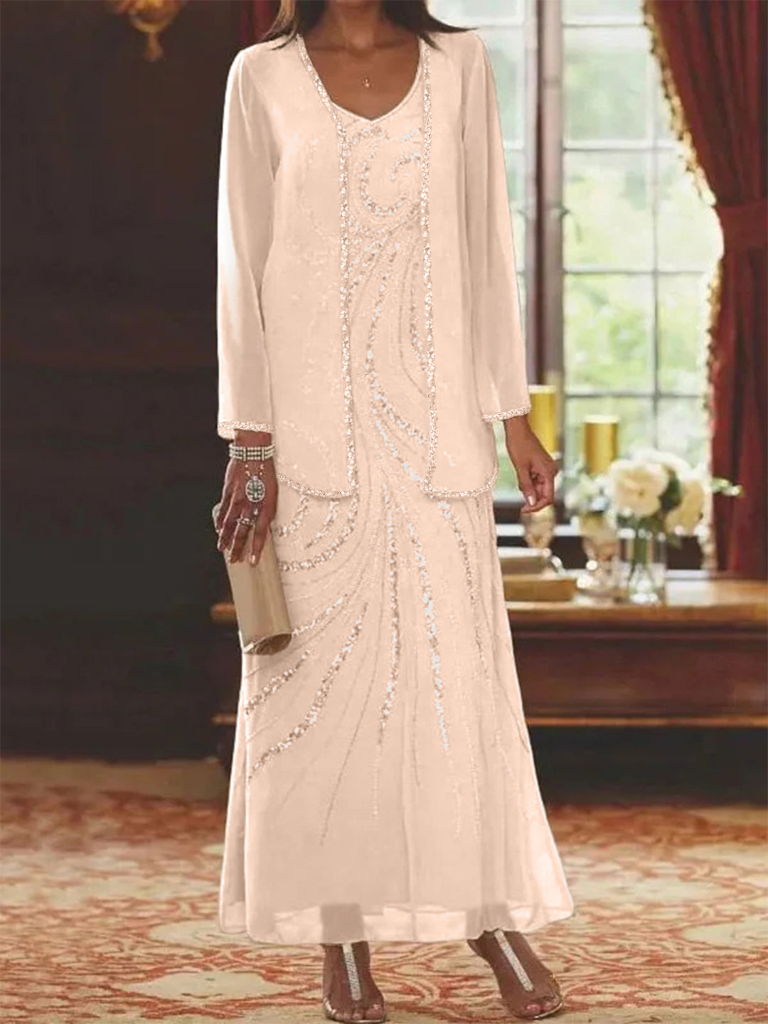 Sheath Column V Neck Ankle Length Mother Of The Bride Dresses With Jacket Sequins Beading
