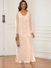 Sheath Column V Neck Ankle Length Mother Of The Bride Groom Dresses With Jacket Sequins