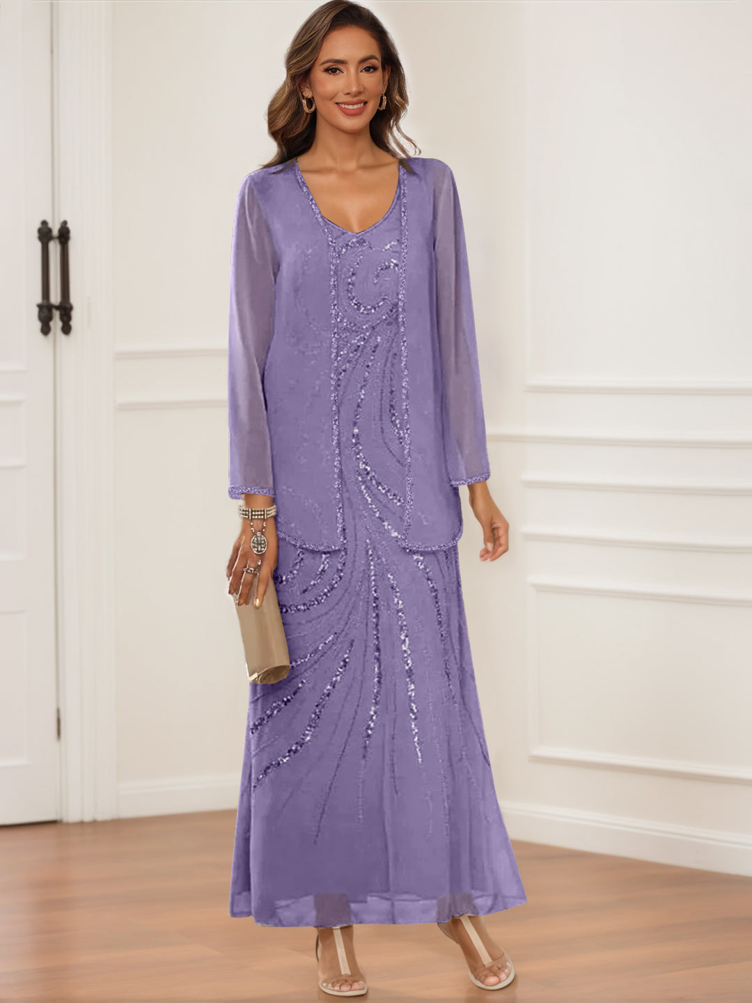 Sheath Column V Neck Ankle Length Mother Of The Bride Groom Dresses With Jacket Sequins