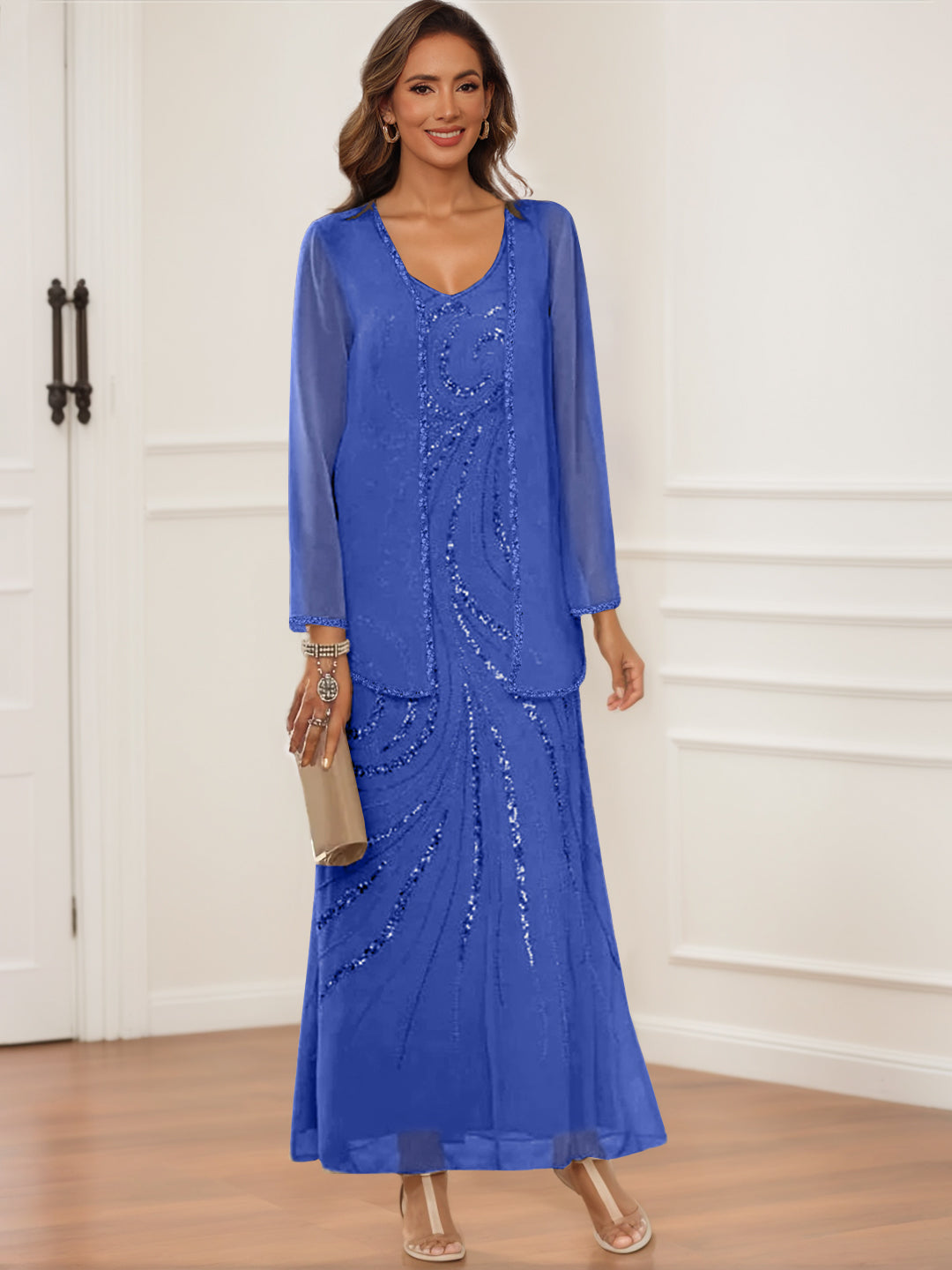 Sheath Column V Neck Ankle Length Mother Of The Bride Groom Dresses With Jacket Sequins