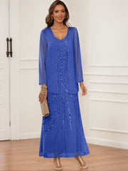 Sheath Column V Neck Ankle Length Mother Of The Bride Groom Dresses With Jacket Sequins