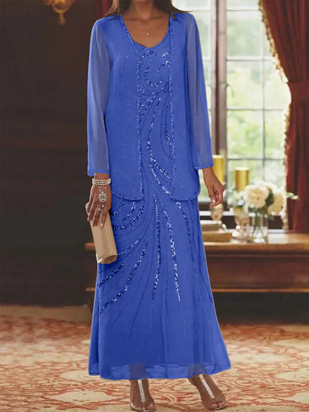 Sheath Column V Neck Ankle Length Mother Of The Bride Dresses With Jacket Sequins Beading
