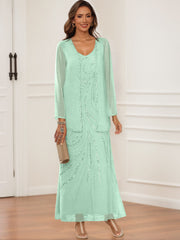 Sheath Column V Neck Ankle Length Mother Of The Bride Groom Dresses With Jacket Sequins