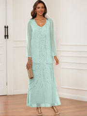 Sheath Column V Neck Ankle Length Mother Of The Bride Groom Dresses With Jacket Sequins