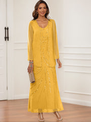 Sheath Column V Neck Ankle Length Mother Of The Bride Groom Dresses With Jacket Sequins