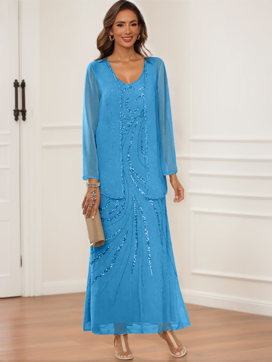 Sheath Column V Neck Ankle Length Mother Of The Bride Groom Dresses With Jacket Sequins