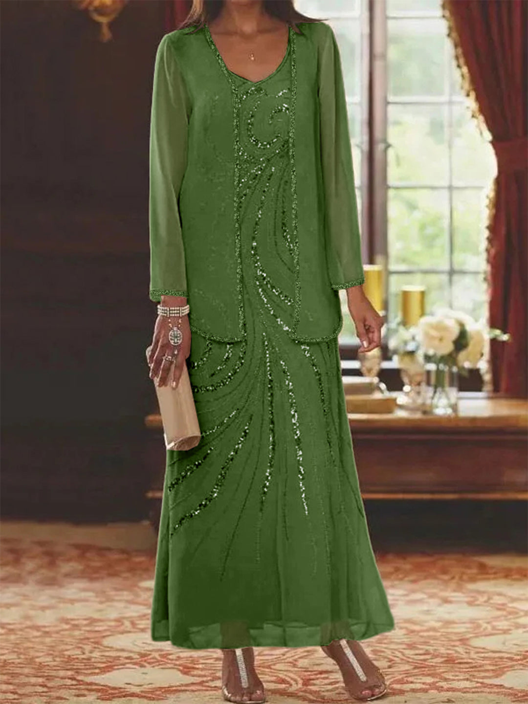 Sheath Column V Neck Ankle Length Mother Of The Bride Dresses With Jacket Sequins Beading