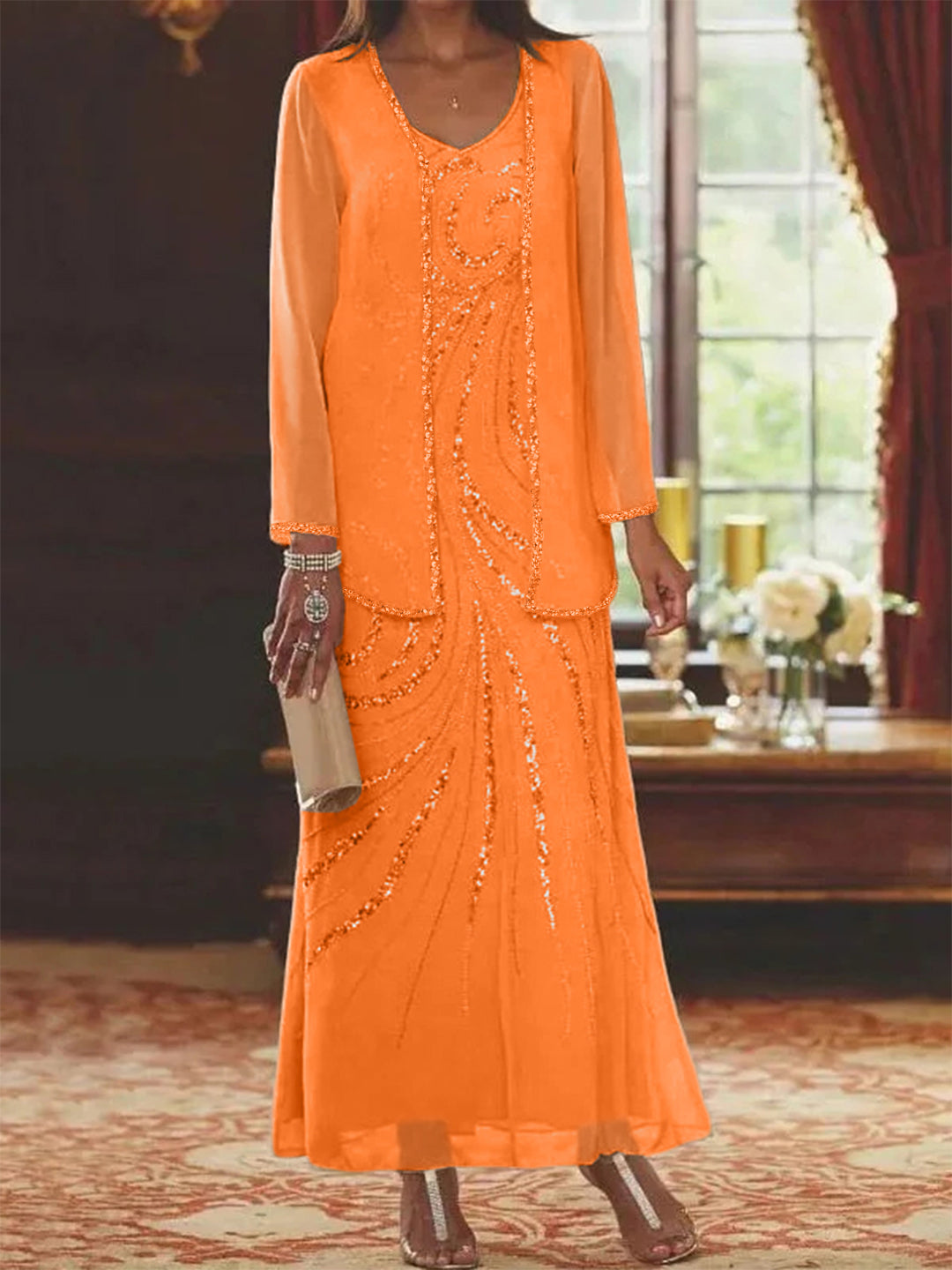 Sheath Column V Neck Ankle Length Mother Of The Bride Dresses With Jacket Sequins Beading