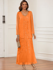 Sheath Column V Neck Ankle Length Mother Of The Bride Groom Dresses With Jacket Sequins
